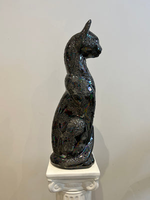 XL speckled iridescent black ceramic cat statue