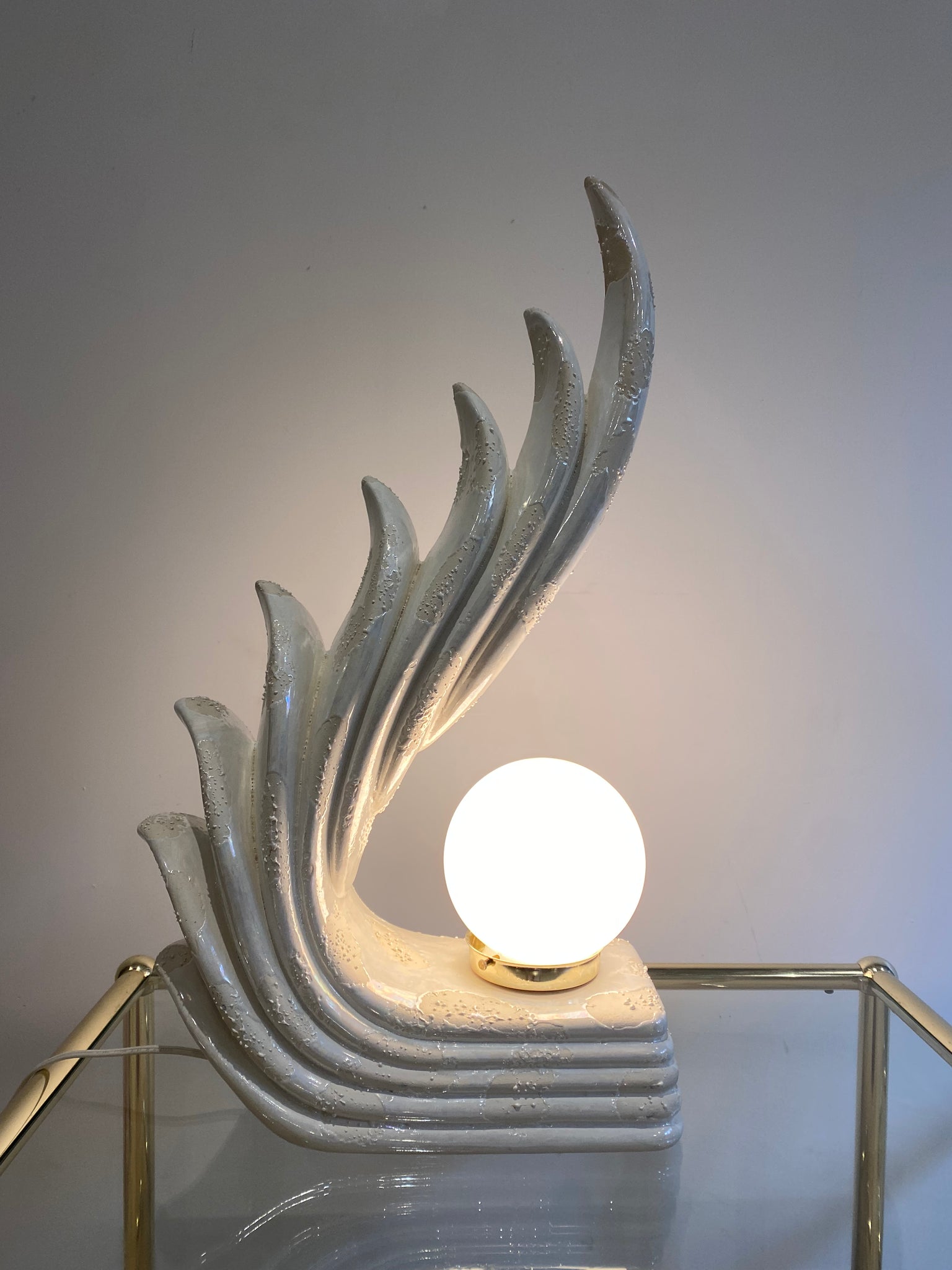 Iridescent white ceramic wave art deco lamp