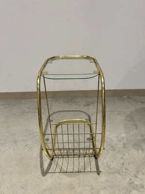 C golden brass side table with literature rack