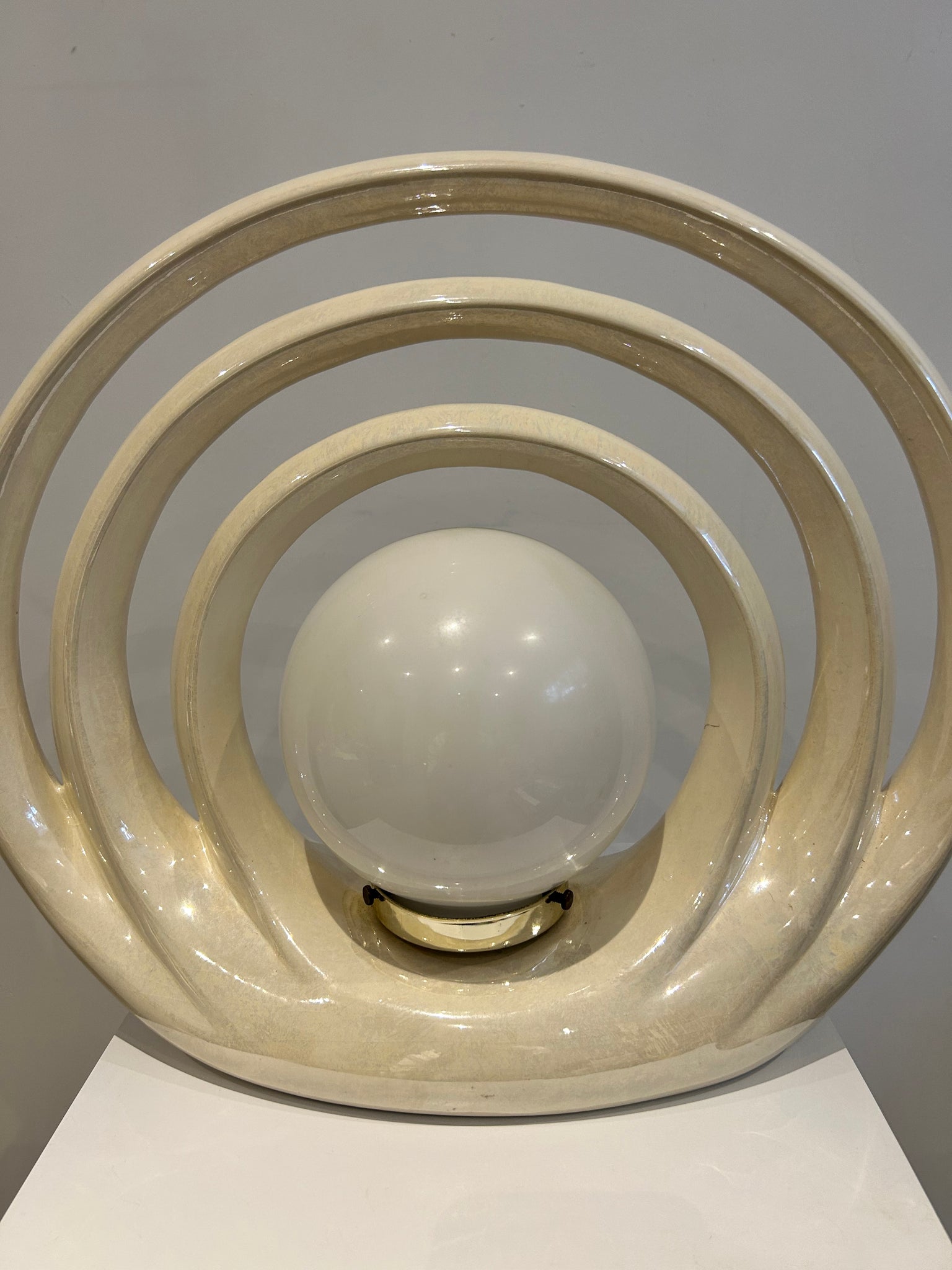 Cream iridescent ceramic art deco hoops lamps