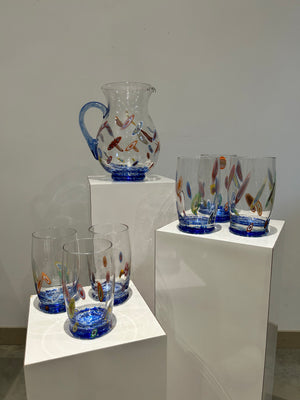 Handblown millefiori glass pitcher and glasses