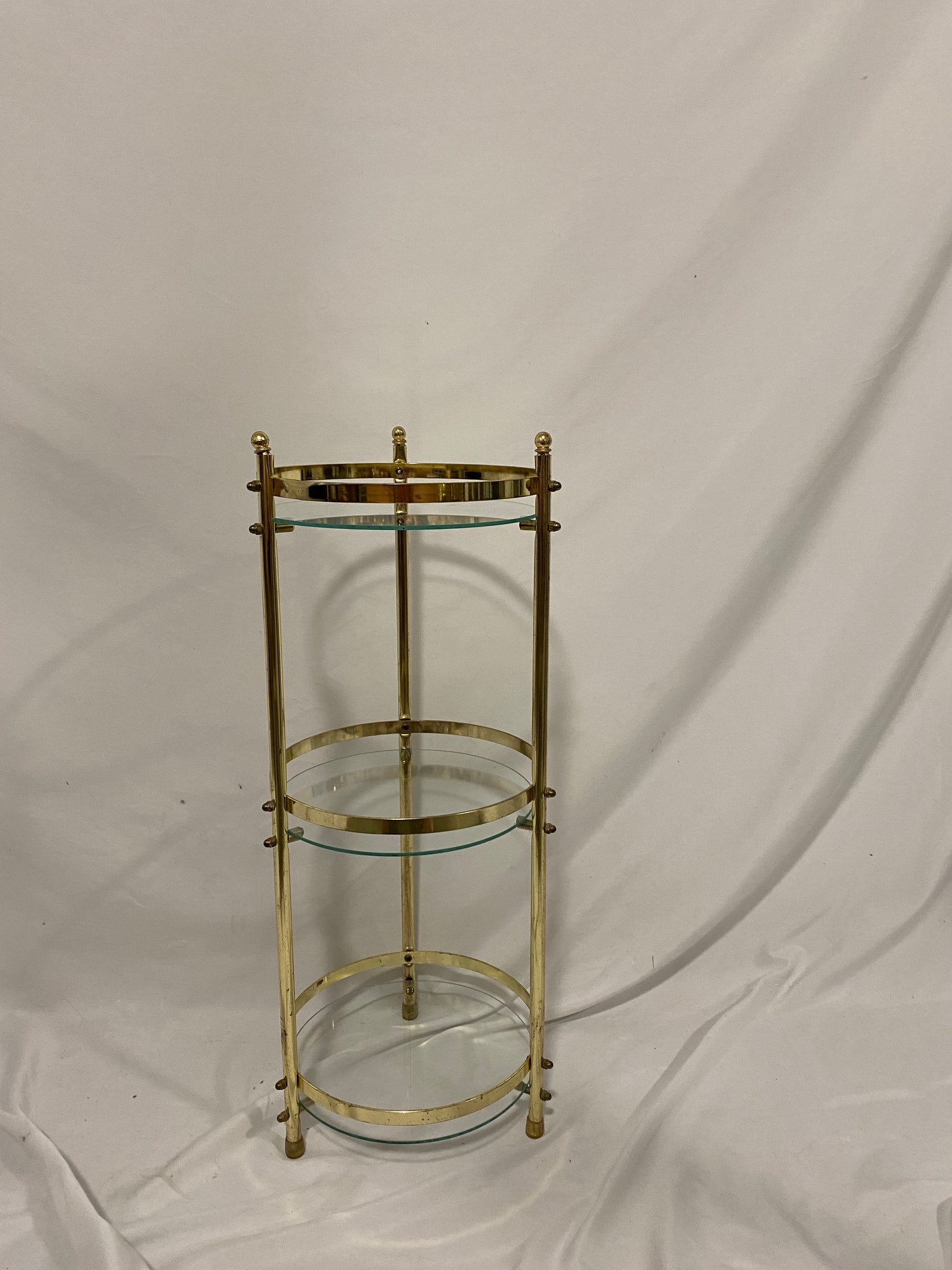 Cute little cylindrical brass & glass table / shelf