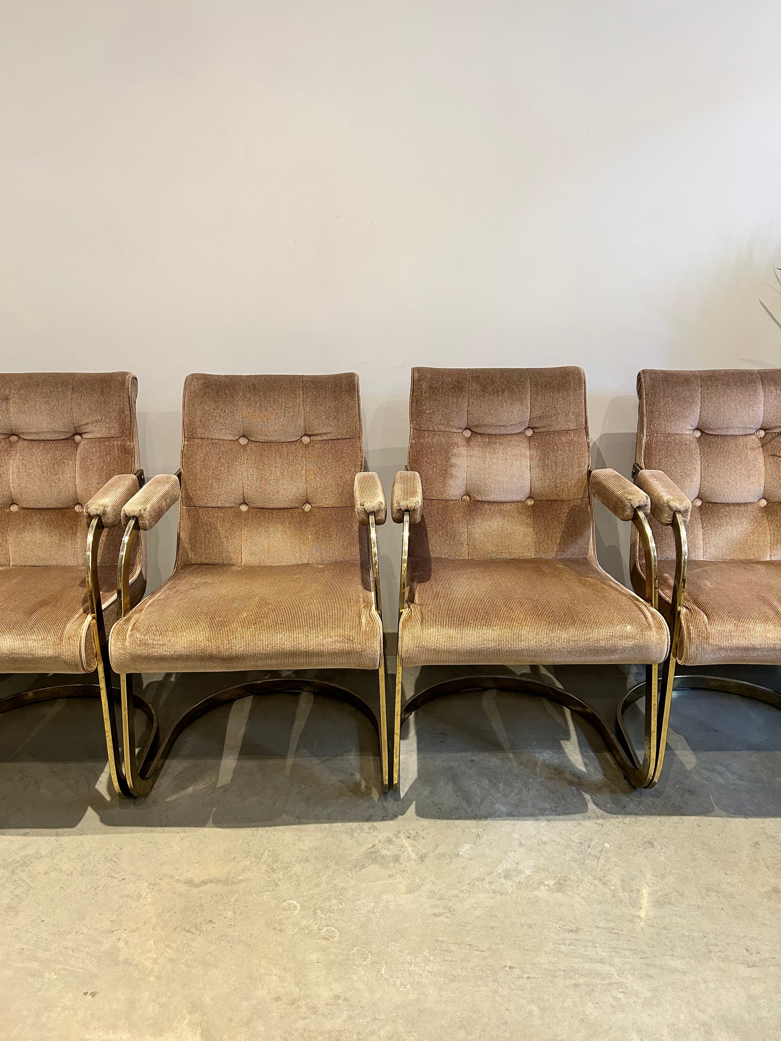 Pale dusty rose velvety & golden brass arm chairs