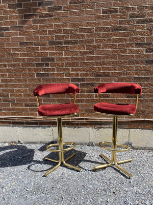 Cherry velour & golden brass swivel bar stools