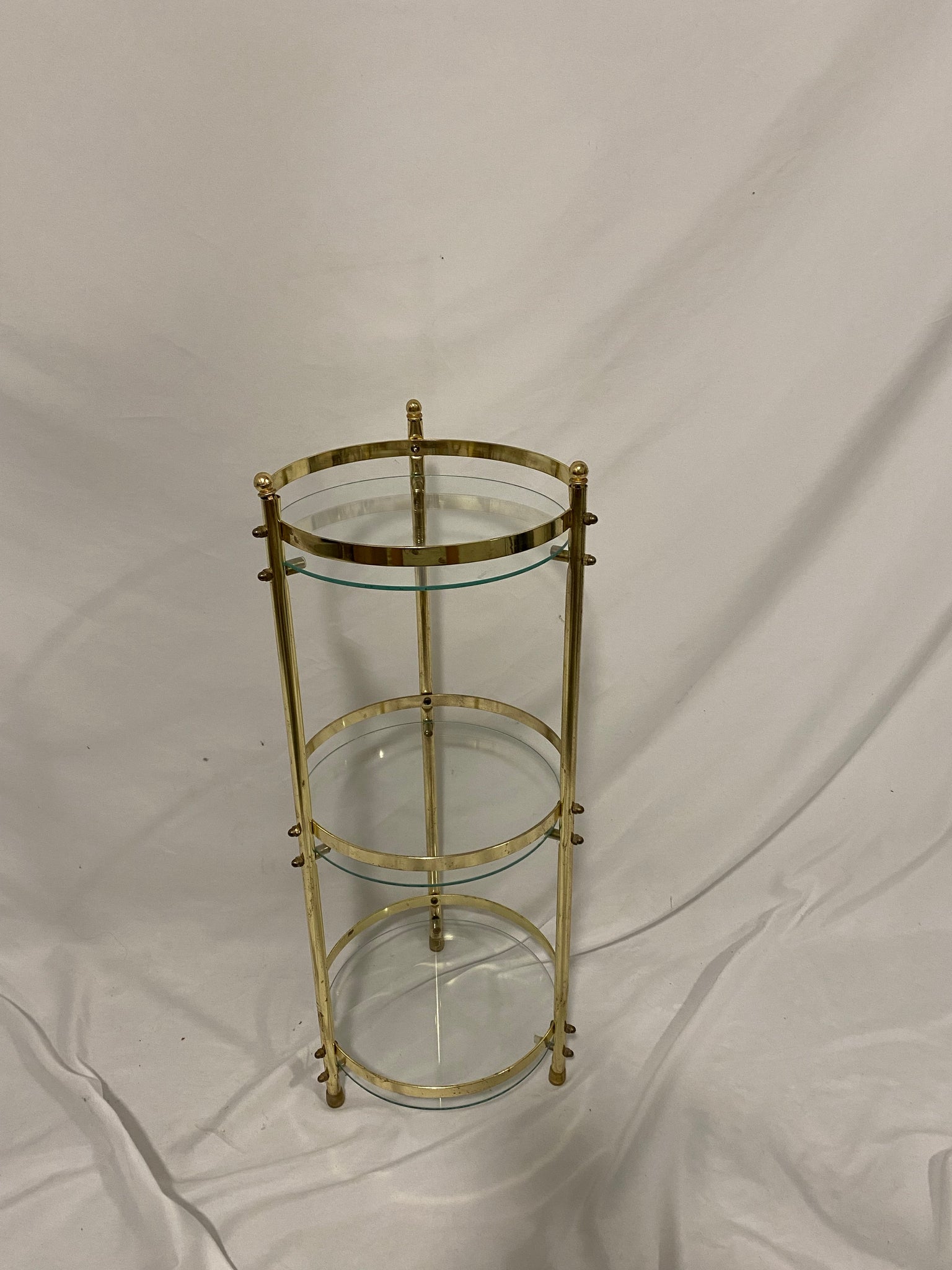 Cute little cylindrical brass & glass table / shelf