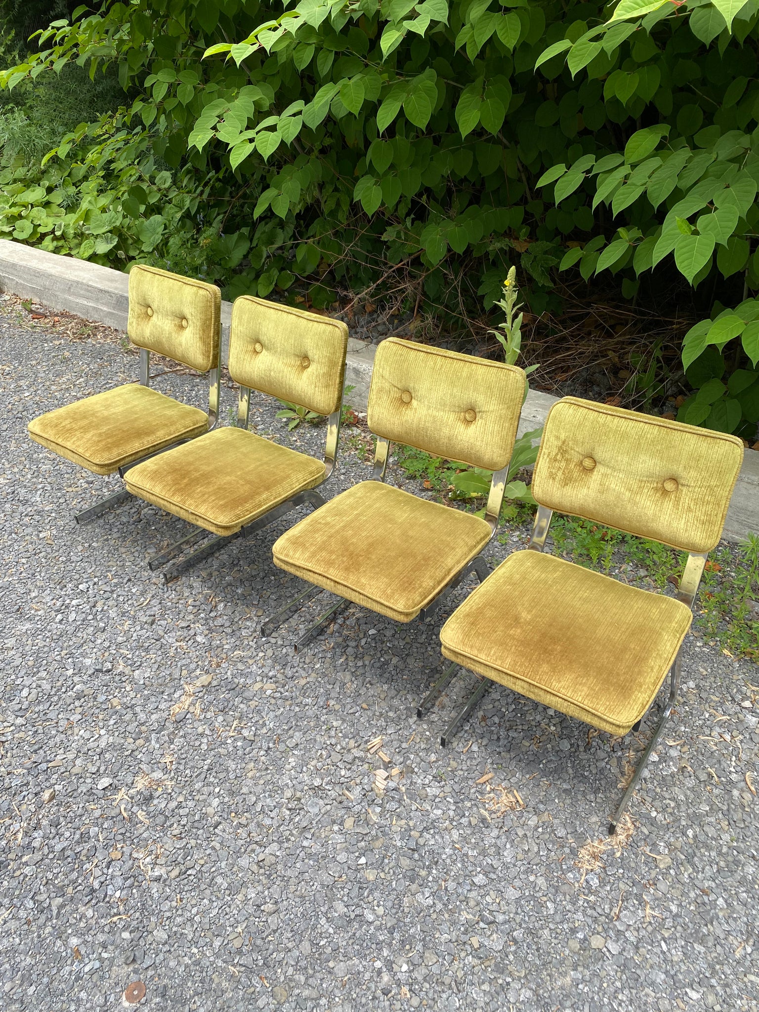 Green velour & chrome chairs