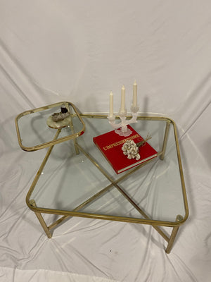 Golden brass square coffee table with swivel tablet