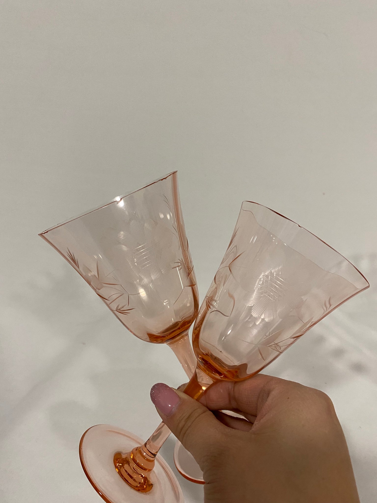 Selection of pink depression glass style glasses