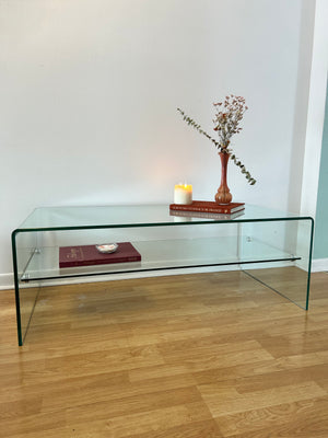 Large tempered glass waterfall coffee table with tablet