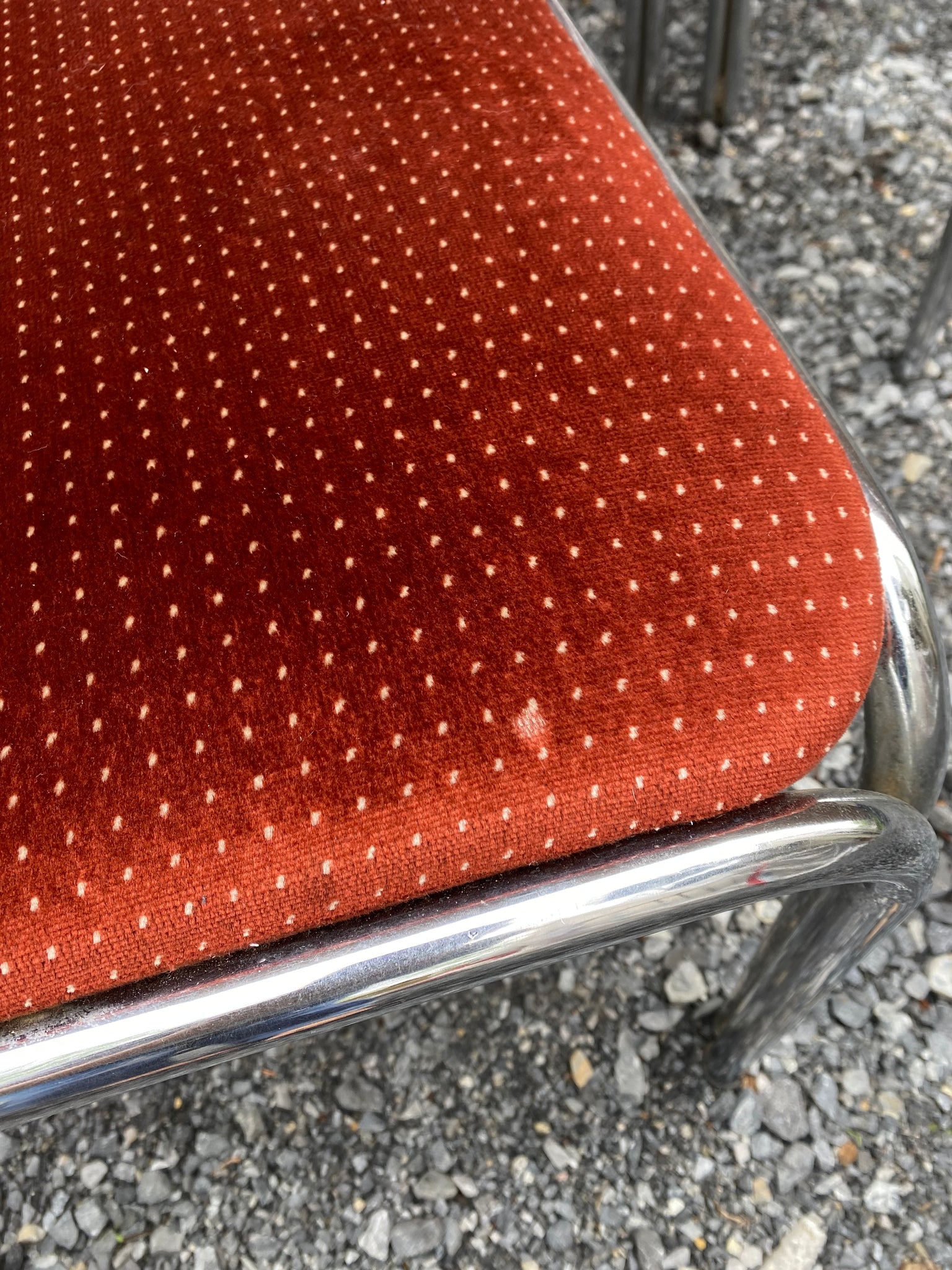 Spotted burnt orange velour & chrome chairs